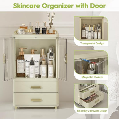 Webetop Make up Organizers for Vanity, 18.3" Skin Care Organizer Countertop with Drawers & Doors, Large Make up Storage Organizer, Pro Beauty Organizer Case for Dresser,Skin Care Caddy Holder Gift
