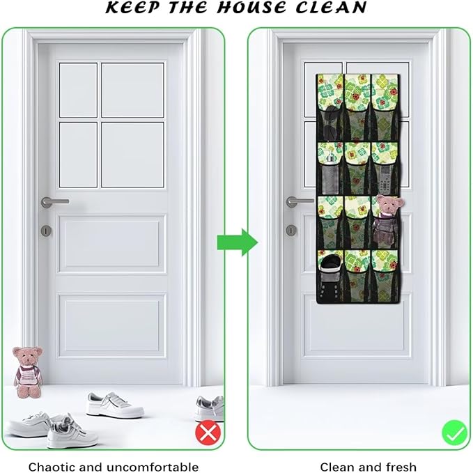 Versatile 12-Pocket Behind The Door Hanging Organizer, Made of Oxford Cloth, Waterproof Foldable and Perfect for Bathroom Bedroom Closet Storage, Lucky Leaf Ladybug