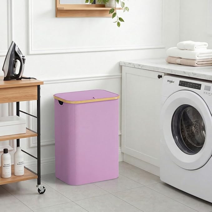 Lifewit 80L Laundry Basket with Lid, Clothes Hampers for Laundry with Bamboo Handles and 1 Removable Bag, Large Foldable Laundry Hamper for Bedroom, Bathroom, Dorm, Laundry Room, Purple