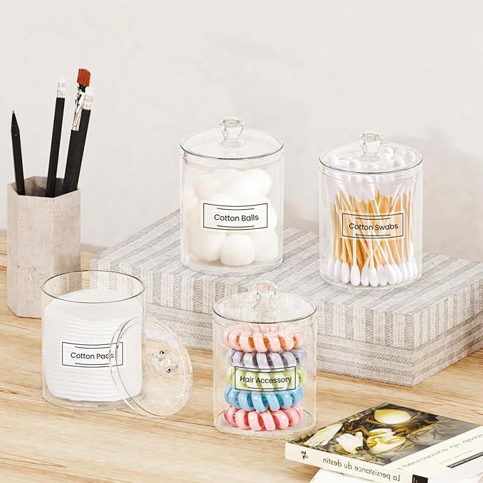 MateeyLife Small Bathroom Storage Organizer 4 Pack, Acrylic Makeup Organizers for Vanity, Clear Bathroom Vanity Organizer 10oz Q tip Holder, Bathroom Organizers and Storage Set (Clear)