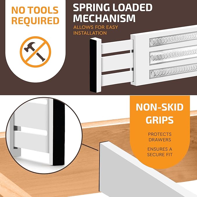 6-Pack Drawer Dividers - 6 Inches High, Adjustable 11 to 17 Inches Bamboo Drawer Organizer, Large Expandable Separator for Clothes, Dresser, Bedroom, Bathroom, Baby, Office, Kitchen Utensil, White