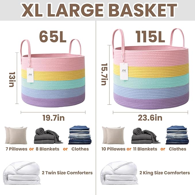 JMvicyroam 115L Extra Large Blanket Basket for Living Room - Woven Cotton Rope Laundry Hamper with Reinforced Handles - Storage Bin for Pillows, Comforters & Toys - Machine Washable,Rainbow
