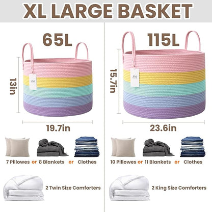 JMvicyroam 115L Extra Large Blanket Basket for Living Room - Woven Cotton Rope Laundry Hamper with Reinforced Handles - Storage Bin for Pillows, Comforters & Toys - Machine Washable,Rainbow