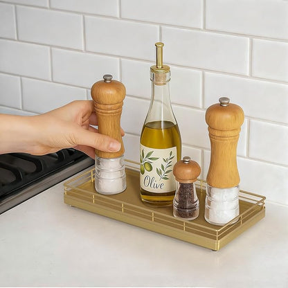 Bathroom Vanity Tray for Countertop, 12" x 6" Oak Wood Toilet Tank Tray with Metal Guardrail, Bathroom Organizer for Soap, Perfume & Skincare, Non-Slip Decorative Tray for Dresser & Vanity, Gold