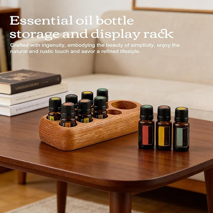 RoseFlower Wooden Essential Oil Display Storage Organizer Holder Stand - 9 Slots Red Oak Wood Rack - Holds up to 9 Aromatherapy Bottles - Ideal Gift Presentation Shelf