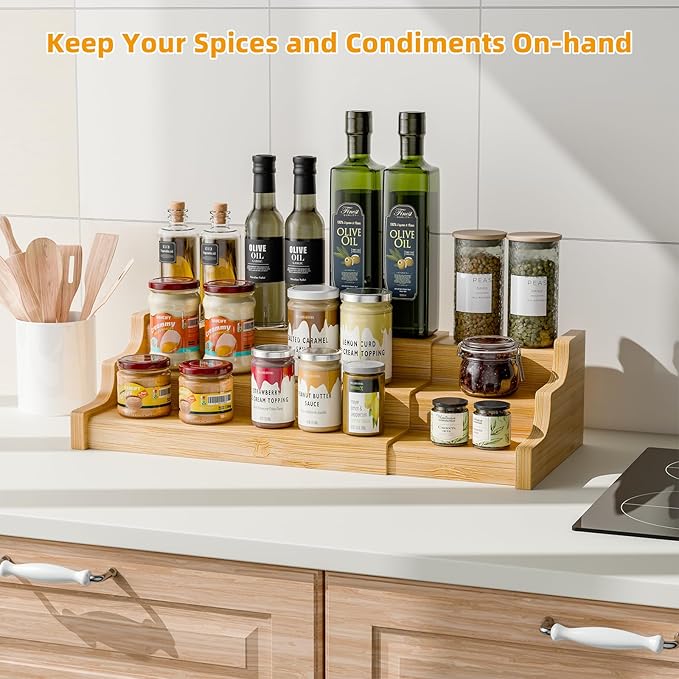 Simple Trending Spice Rack Kitchen Cabinet Organizer, 3 Tier Bamboo Expandable Spice Storage, Display Shelf for Cupboard, Pantry, Yellow