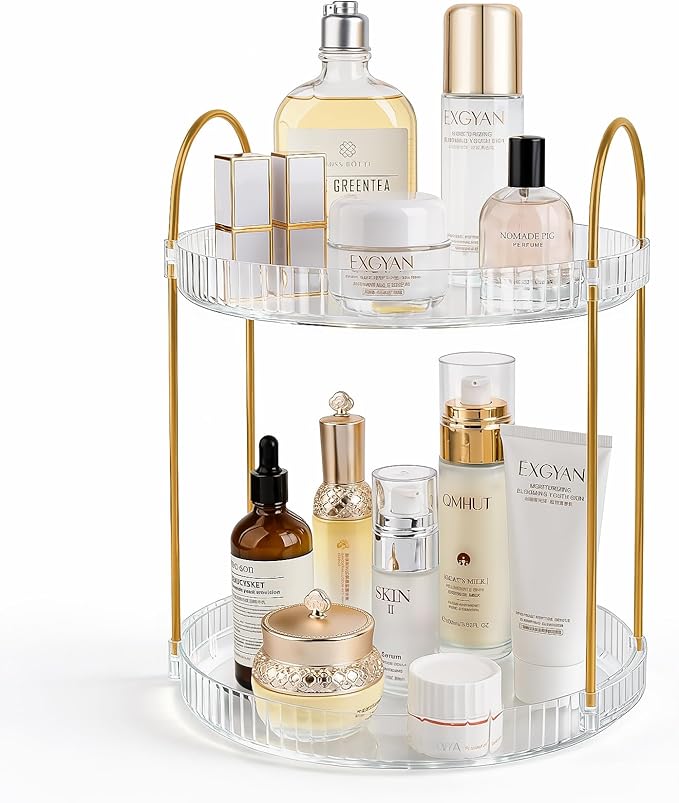 360° Rotating Makeup Organizer 2 Tier Large Capacity Perfume Skincare Tray for Dresser Spinning Bathroom Counter Organizer for Vanity Lazy Susan Turntable Storage for Kitchen, Clear