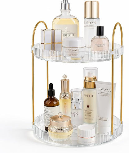 360° Rotating Makeup Organizer 2 Tier Large Capacity Perfume Skincare Tray for Dresser Spinning Bathroom Counter Organizer for Vanity Lazy Susan Turntable Storage for Kitchen, Clear