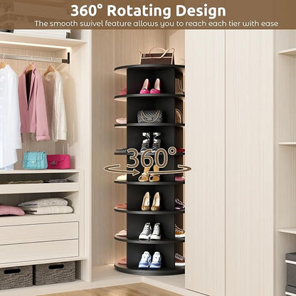 Rotating Shoe Rack 7 Tier Spinning Shoes Organizer Tower for 28-32 Pairs Lazy Susan 360 Revolving Shoe Storage Cabinet Rotate Shoe Handbag Rack Round Carousel for Closet, Bedroom (Black)