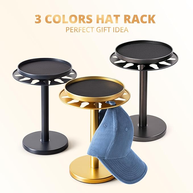 kondyfayo 360° Rotating Hat Organizer for Baseball Caps, Stainless Steel Hat Rack Holder with Top Storage Tray for Small Essentials, Ball Cap Storage Organizer for Closet, Entryway, Display (T-Black)