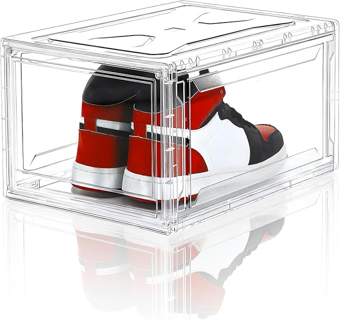 BVBOX Acrylic Shoe Storage Boxes with Magnetic Door - 360° Clear Stackable Shoe Display Box Set, Plastic Shoe Cabinet Rack Box for Sneakers Heels Shoes (1, Clear, L - Front Open)