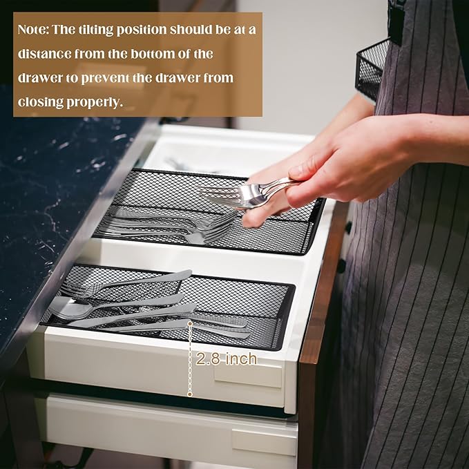 DOSTATNI 2 Pcs Mesh Silverware Drawer Organizer Cutlery Drawer Organizer Utensil Tray Organizer Silverware Holder for Flatware Knives Spoons Storage(14.1X5.3x2inch)