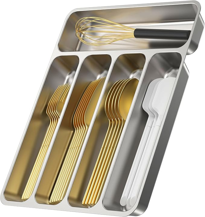 Zarler Stainless Steel Silverware Organizer, Durable Metal Utensil Drawer Organizer with 5 Compartments, Silverware Tray for Drawer, Dishwasher Safe, 13.8" x 11.4" x 1.6", Silver