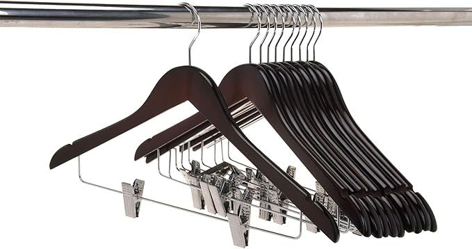 Quality Wooden Skirt Hangers with Clips Smooth Solid Wood Pants Hangers with Durable Adjustable Metal Clips, Swivel Hook, Coat, Jacket, Blouse Suit Hangers (Mahogany, 10)