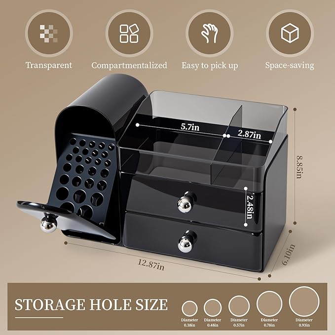 Makeup Organizer with Brush Holder for Vanity, Large Cosmetic Display Cases with 2 Drawers, Skincare Organizer for Bathroom Countertop, Black