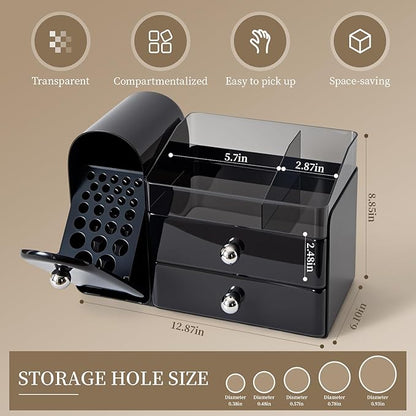 Makeup Organizer with Brush Holder for Vanity, Large Cosmetic Display Cases with 2 Drawers, Skincare Organizer for Bathroom Countertop, Black