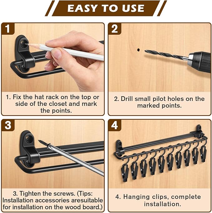Sliding Hat Organizer with 20 Clips, Hat Organizer for Baseball Caps, Racks for Baseball Caps Wall Space Saving Design, 2 Pack, Black