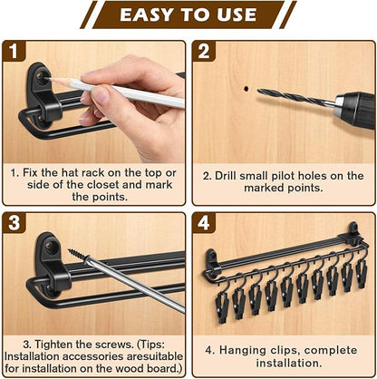 Sliding Hat Organizer with 20 Clips, Hat Organizer for Baseball Caps, Racks for Baseball Caps Wall Space Saving Design, 2 Pack, Black