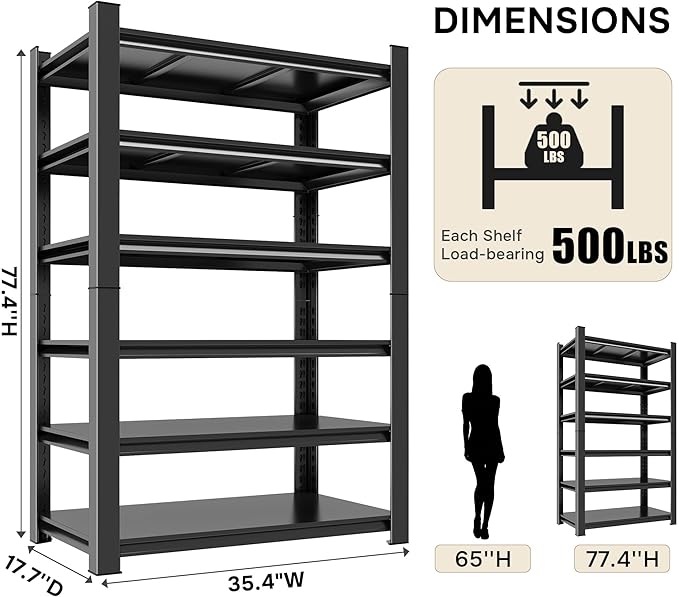 6 Tier Storage Racks and Shelving, Tall Heavy Duty Metal Shelf, Adjustable Kitchen Storage Shelf for Pantry, Garage & Kitchen Organization, Estante para Cocina - 35.4"W x 17.7"D x 77.4"H