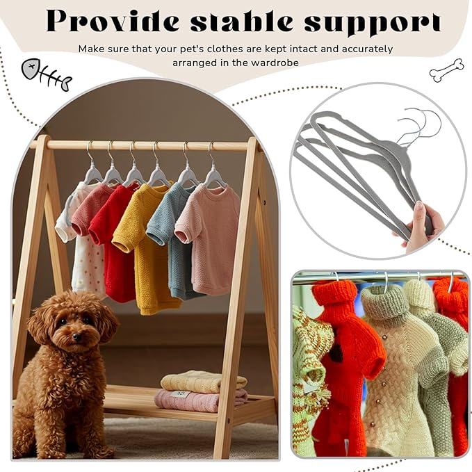Weysat 24 Pcs Dog Apparel 11'' Clothing Hangers Velvet Small Pet Gray Hangers for Cats/Dogs Non-Slip & 360° Swivel Rustproof Metal Hooks, Space-Saving for Home Storage & Grooming Salons Minimalism