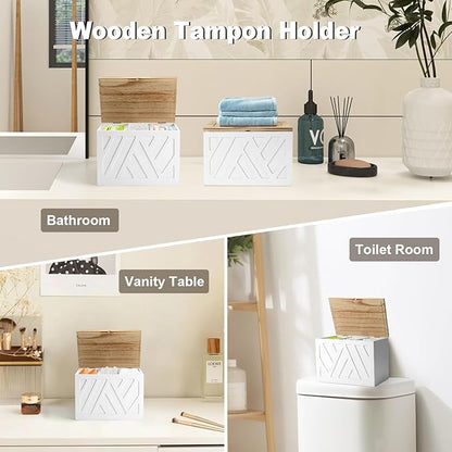 2Pcs Tampon Holder for Bathroom Decor, Feminine Product Organizer, Shark Week Tampon Storage with Lid, Wood Pad Box for Toilet, Lady Girl Stuff Organizer Case Bathroom Accessories- White