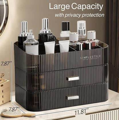 Makeup Organizer for Vanity, Large Desk Organizer with Stackable Drawers for Cosmetics, Skin Care, Lipsticks, Palette, Nail Care, Ideal Storage for Dresser and Bathroom Countertop- Black