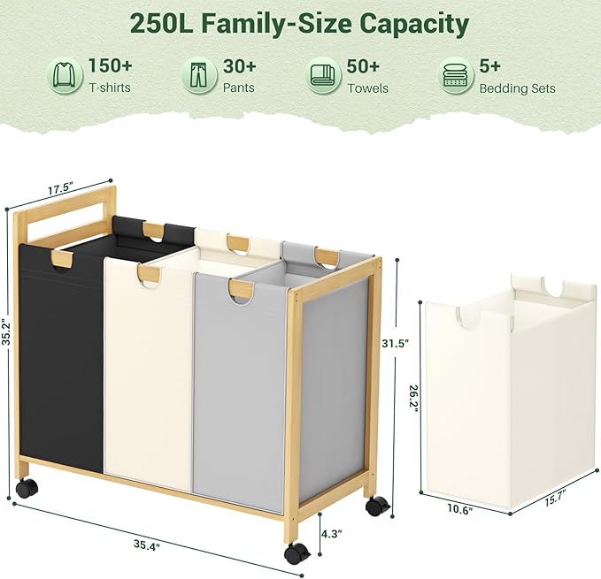 Homykic 250L Laundry Sorter Cart with Wheels, 3-Section Rolling Laundry Basket with Removable Bags, 66 Gal Large Laundry Hamper Organizer, Heavy Duty Bamboo Frame, Water-Resistant, Multicolor