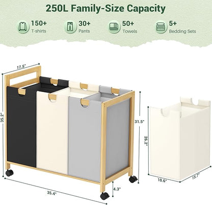 Homykic 250L Laundry Sorter Cart with Wheels, 3-Section Rolling Laundry Basket with Removable Bags, 66 Gal Large Laundry Hamper Organizer, Heavy Duty Bamboo Frame, Water-Resistant, Multicolor
