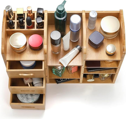 Coloch Bamboo Makeup Organizer with Drawers, Large Cosmetics Storage Shelf for Vanity Countertop Skincare Organizer for Desktop, Skincare, Beauty Supplies, Cosmetics Display, Stationery Storage