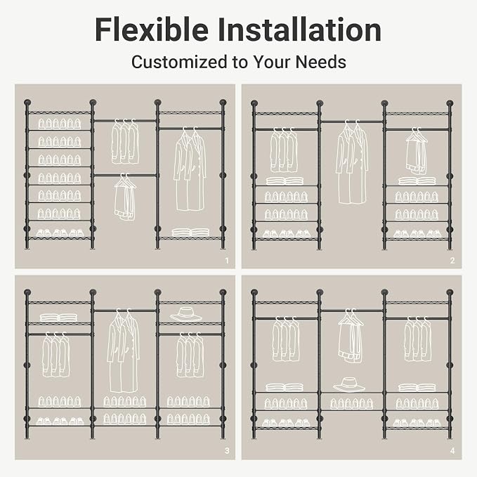 Timate S3 Wall Mounted Closet Organizer with Expandable Hanger Rods (24" to 36"), Heavy Duty Clothes Racks Industrial Wardrobe System with 8-Tier Shelves for Shoe Storage, Max Load 1050lbs, Black