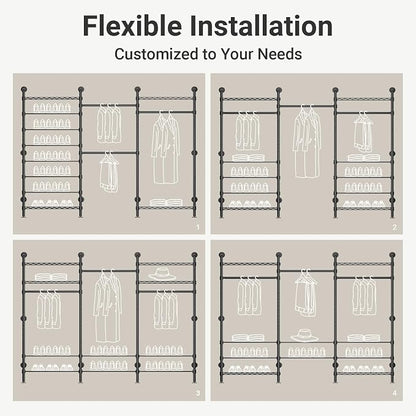 Timate S3 Wall Mounted Closet Organizer with Expandable Hanger Rods (24" to 36"), Heavy Duty Clothes Racks Industrial Wardrobe System with 8-Tier Shelves for Shoe Storage, Max Load 1050lbs, Black