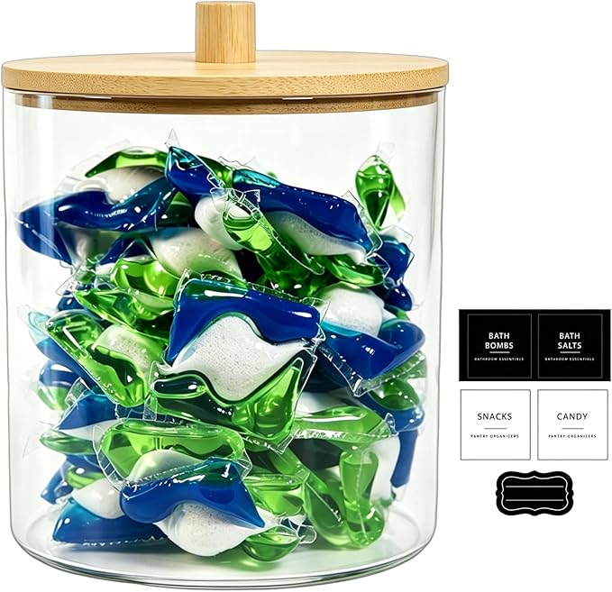 Amolliar 78oz Laundry Pods Storage Container, Clear Laundry Room Organization, Detergent Container with Bamboo Lids & 27 Labels for Bathroom Organizer (Natural, 1 Pack)