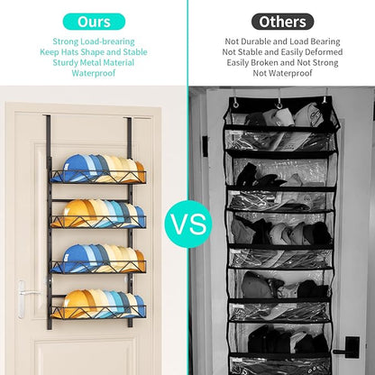 HapiRm Over the Door Hat Organizer - 4 Tier Wall Mounted Hat Rack with 4 Adjustable Metal Basket, Baseball Caps Organizer Storage Holds up to 40 Caps for Door, Bedroom, Closet (Black)