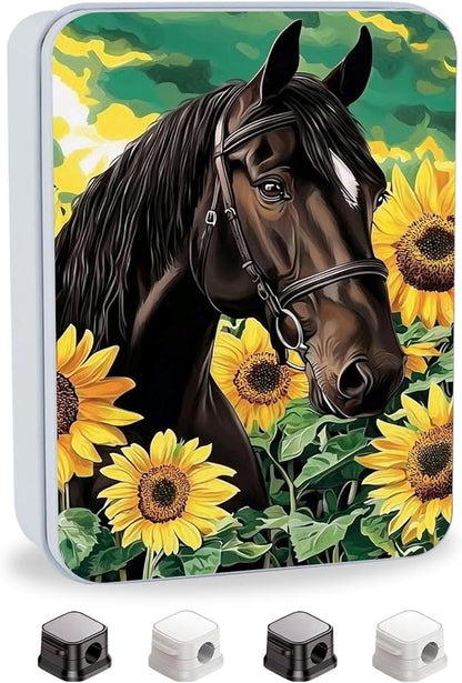 Metal Tin Box with Lid for Game Cards Home Large Organizer Candles Keys Crafts Storage - Comes with 4 Magnetic Cord Clips，Horses and Sunflowers