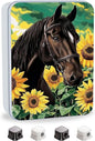 Metal Tin Box with Lid for Game Cards Home Large Organizer Candles Keys Crafts Storage - Comes with 4 Magnetic Cord Clips，Horses and Sunflowers
