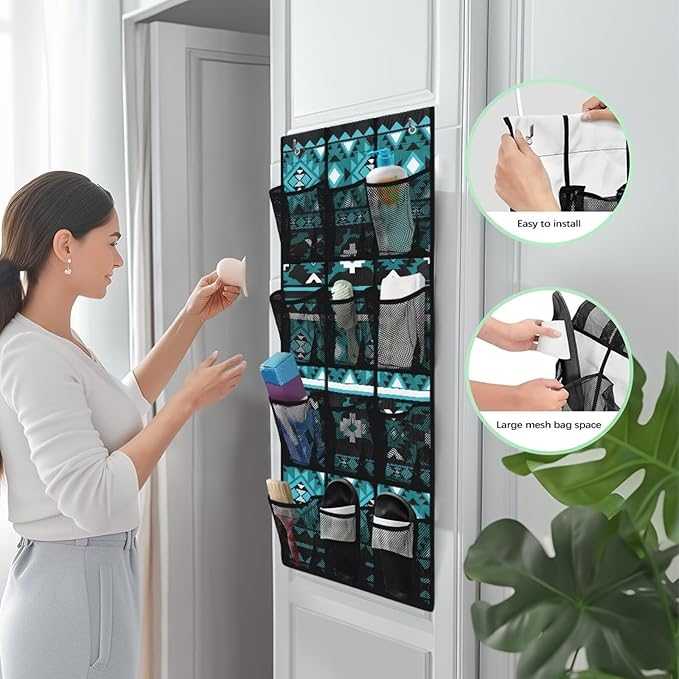 Over Door Organizer with 12 Mesh Pockets, Space Saving Large Capacity Hanging Storage Organizer Sundries Toys, Shoes,Aztec