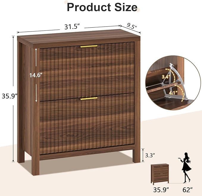 YOMILUVE Shoe Cabinet Storage for Entryway, Fluted Shoe Cabinet with 2 Flip Drawers, Hidden Shoe Rack Tall Freestanding Shoe Organizer with Legs for Hallway, Walnut