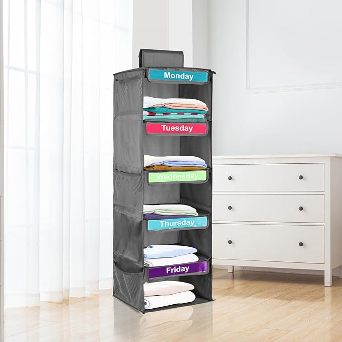 Weekly Clothes Organizer for Kids, 5-Shelf Hanging Closet Organizer with Visual Label, Multipurpose Polyester Clothes Organizer, Monday to Friday Weekly Clothing Organizer for Hats T-Shirts (Gray)
