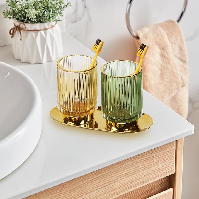 Glass Makeup Brush Holder,Gold Toothbrush Holders,Cute Make Up Brush Cup Holder,Vintage Vanity Makeup Organizer for Bathroom and Desktop (Amber)