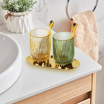 Glass Makeup Brush Holder,Gold Toothbrush Holders,Cute Make Up Brush Cup Holder,Vintage Vanity Makeup Organizer for Bathroom and Desktop (Amber)