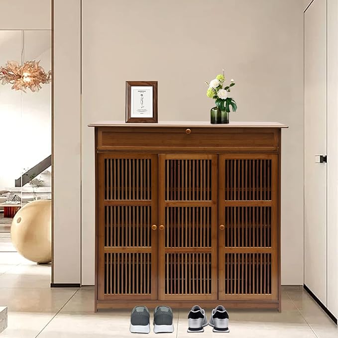 4-Tier Free Standing Shoe Rack with 3 Doors, 25 Pairs Shoe Storage Cabinet Shoe Rack Organizer for Entryway (Brown)