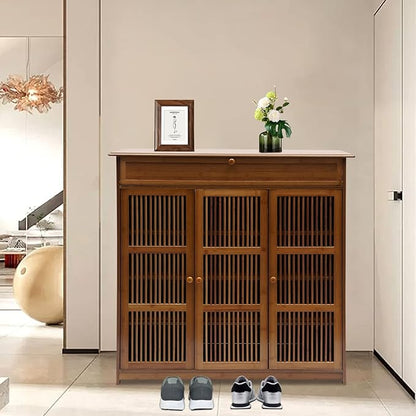 4-Tier Free Standing Shoe Rack with 3 Doors, 25 Pairs Shoe Storage Cabinet Shoe Rack Organizer for Entryway (Brown)