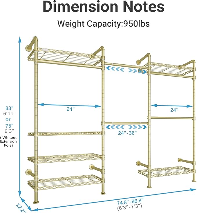 Timate F3 Garment Rack Heavy Duty Clothes Rack for Hanging Clothes, Expandable Industrial Pipe Wall Mounted Clothing Rack, Adjustable Storage Wardrobe Closets Kit Walk in Closet Systems, Gold