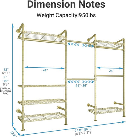 Timate F3 Garment Rack Heavy Duty Clothes Rack for Hanging Clothes, Expandable Industrial Pipe Wall Mounted Clothing Rack, Adjustable Storage Wardrobe Closets Kit Walk in Closet Systems, Gold