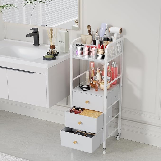 HapiRm Rolling Makeup Cart Organizer - Floor Skincare Make Up Storage with 3 Non-woven Fabric Drawers, Vanity Organizer Cosmetic Display Cases Holder for Skin Care Perfume Nail Polish Brush Hair Tool