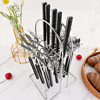 24Pcs Black Handle Flatware Silverware Set with Stand, Silver Stainless Steel Cutlery Set for 6, Square Handle Eating Utensils, Mirror Polished