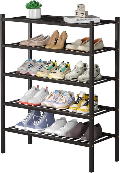 ROMGUAR CRAFT 5 Tier Bamboo Shoe Rack for Closet Free Standing Wood Shoe Shelf for Entryway Small Space Stackable 27"x11"x33" (Brown)