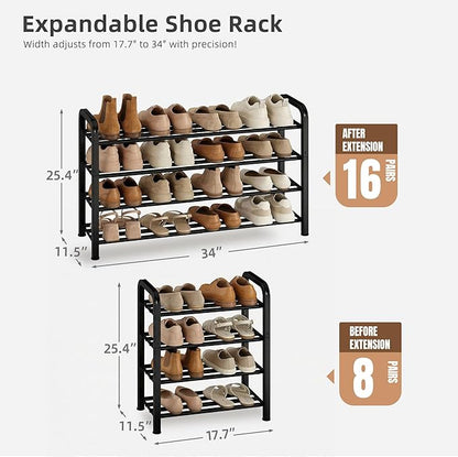 STORAGE MANIAC 4-Tier Expandable Shoe Rack, 16 Pairs Adjustable Shoe Shelf for Closet, Entryway, Hallway, Garage, Dorm, Heavy-duty Metal Shoe Organizer for Small Space, Black