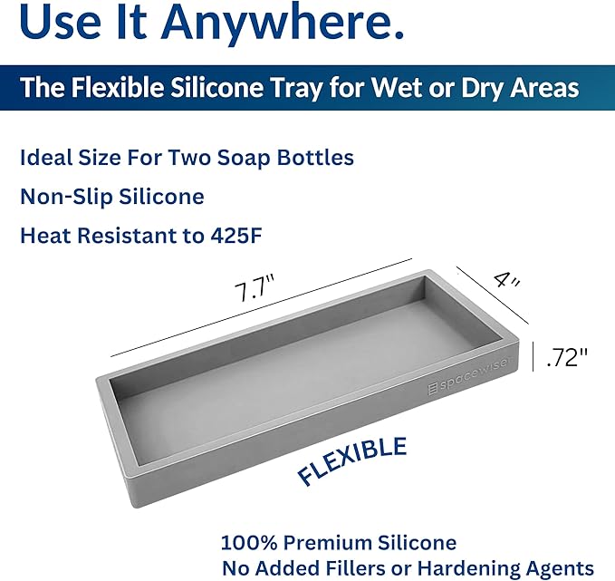 Spacewiser Countertop and Vanity Tray - 2 PC Small 7.7" Silicone Bathroom Trays, Kitchen Soap Tray, Dish Sponge Soap Holder Kitchen Sink Organizer Caddy, Bathroom Counter Trays for Lotion Dispenser