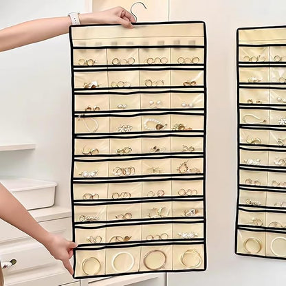 Double Sided Hanging Jewelry Organizer, 48 Pockets Clear Window Large Jewelry Hanging Organizer with Necklace Hanger, Wall/Door/Closet Stud Earring Bracelet Ring Storage